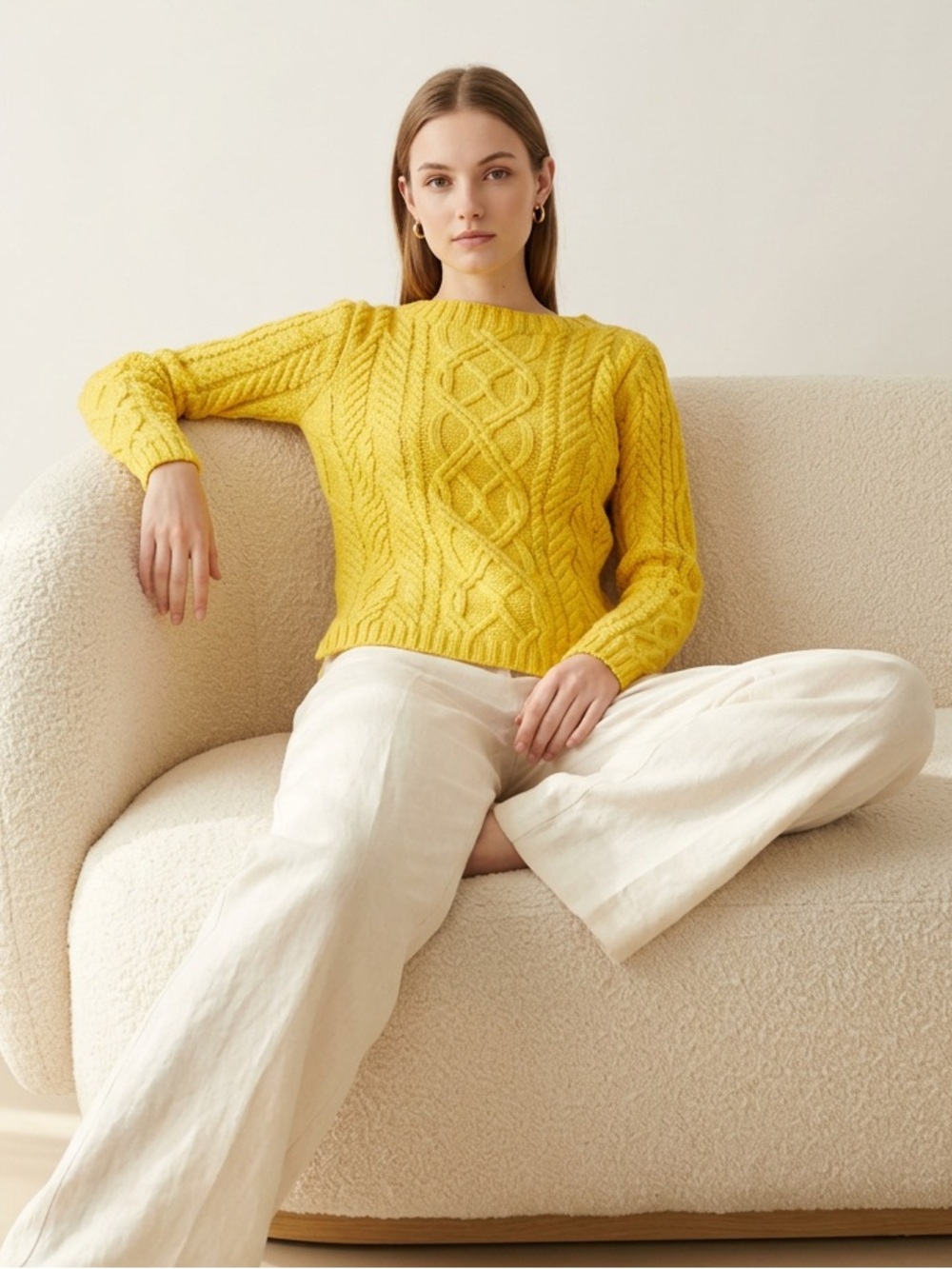 Vintage Jaeger - 100% Cotton Yellow Cable Scoop Neck Sweater